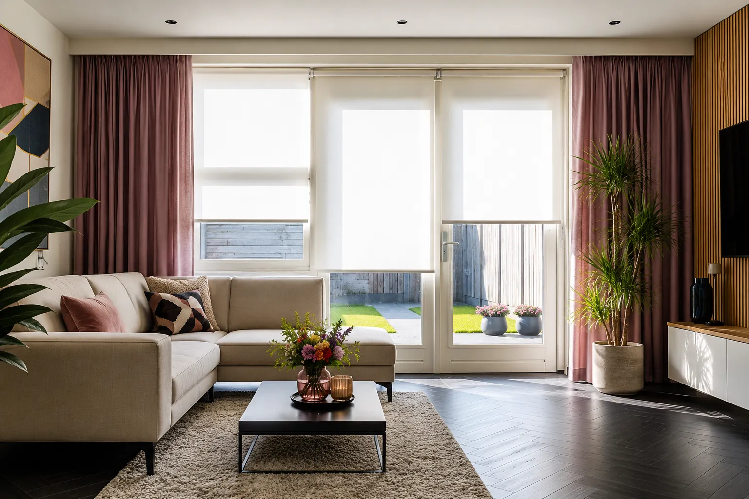 Witte rolgordijnen voor het raam en de tuindeuren van een woonkamer