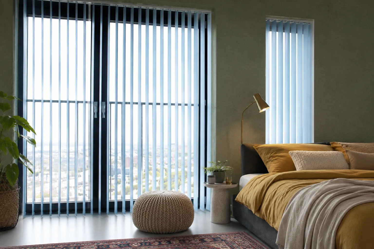 Verticale lamellen in halfopen stand die daglicht doorlaten in een slaapkamer