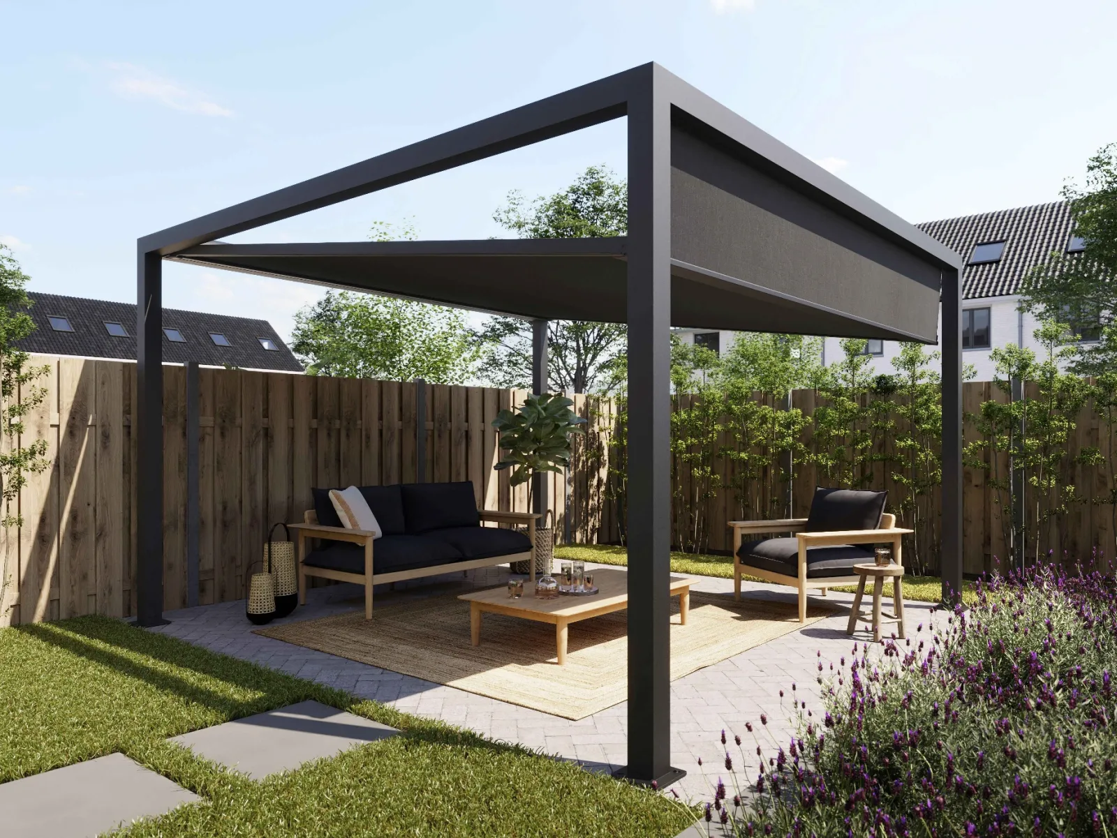 Vrijstaande Cubola terrasoverkapping met uitgerold antracietkleurig doek boven een loungeset in een achtertuin