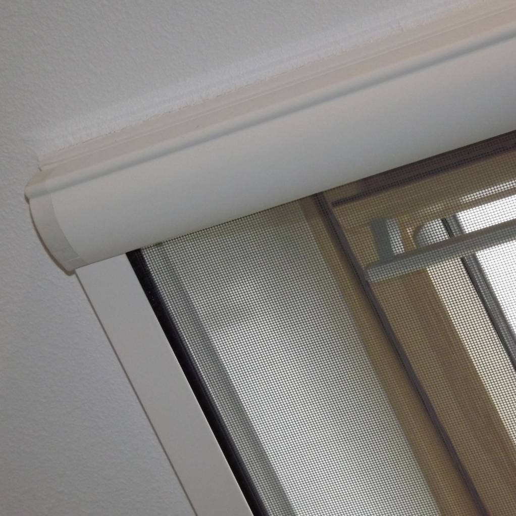 Rolhor met cassette gemonteerd tegen het plafond boven een raam