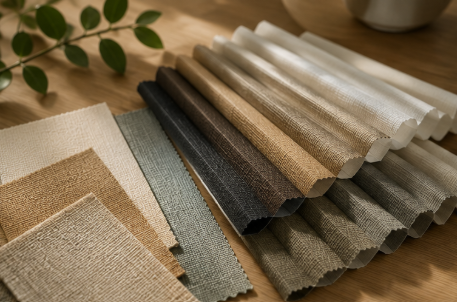 Uitgelegde stofstalen van rolgordijnen in verschillende kleuren en structuren