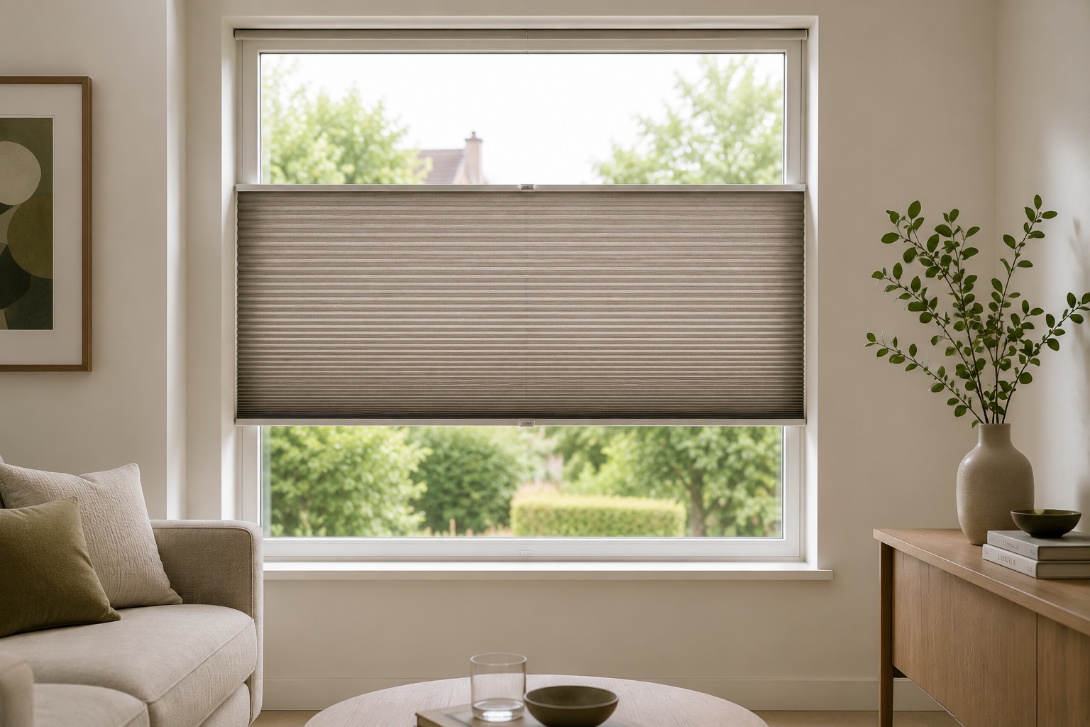 Verduisterend taupe rolgordijn met zijgeleiders in een woonkamer