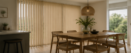 Verticale lamellen voor een breed raam bij een eettafel in de keuken