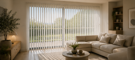 Verticale lamellen bij een schuifpui in een woonkamer