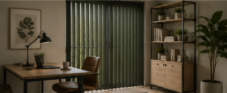 Thuiswerkplek met verticale lamellen naast het bureau